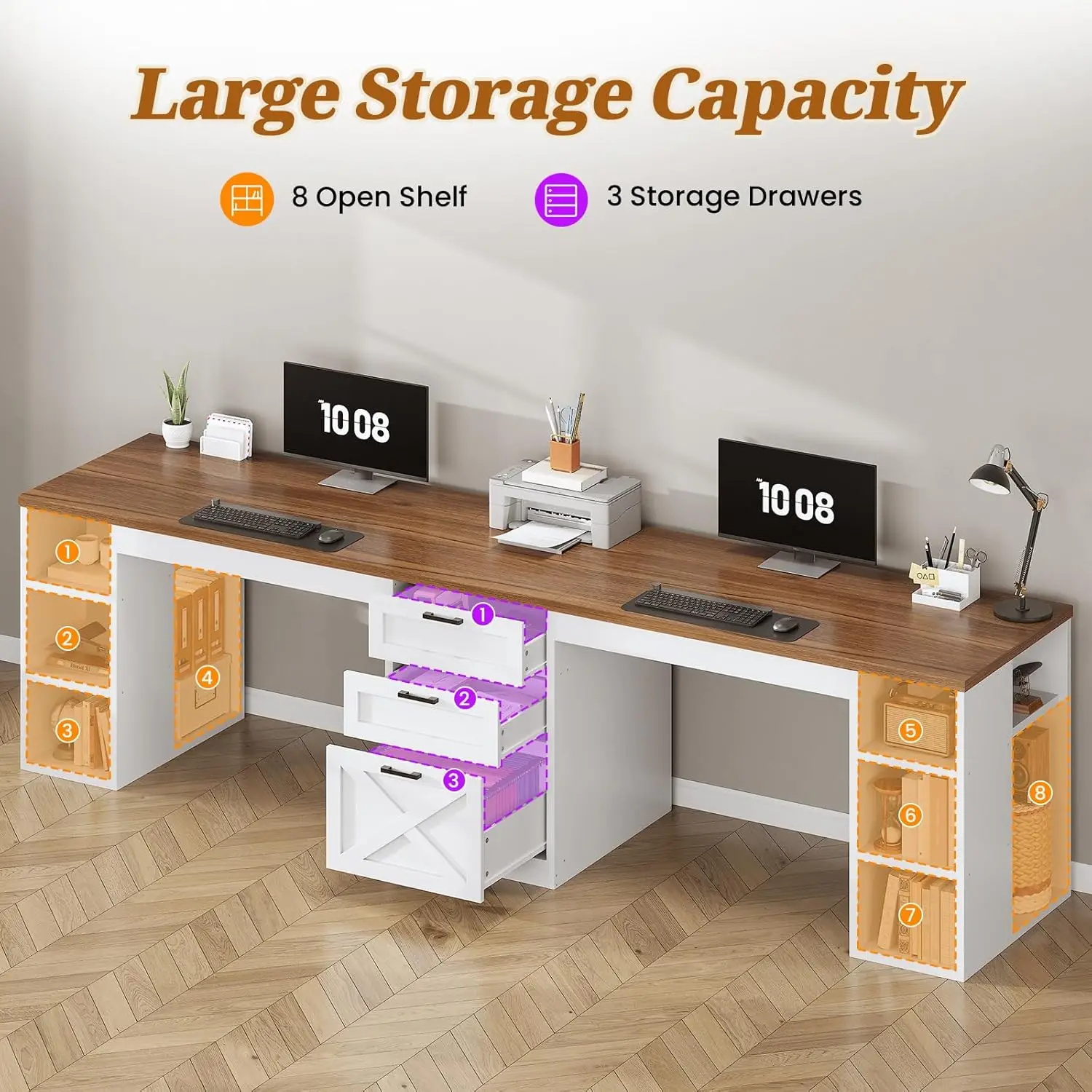 مكتب كمبيوتر مزرعة مقاس 96.5 بوصة مع أدراج، مكتب منزلي لشخصين، مكتب ألعاب مزدوج مع أرفف تخزين (أبيض وبني)