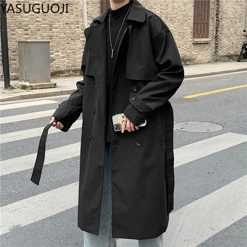Korean Fashion Loose Double Breasted Trench Coat Men Casual Overcoat Men's Windbreakers Solid Color Long Jacket with Belt Tops