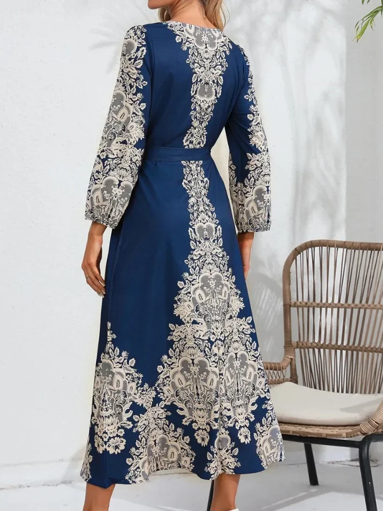 Eid Muslim Print Dress Women Party Dresses Lace Up Long Robe Jalabiya Ramadan Morocco Dubai Abayas Kaftan Islam Arab Vestidos