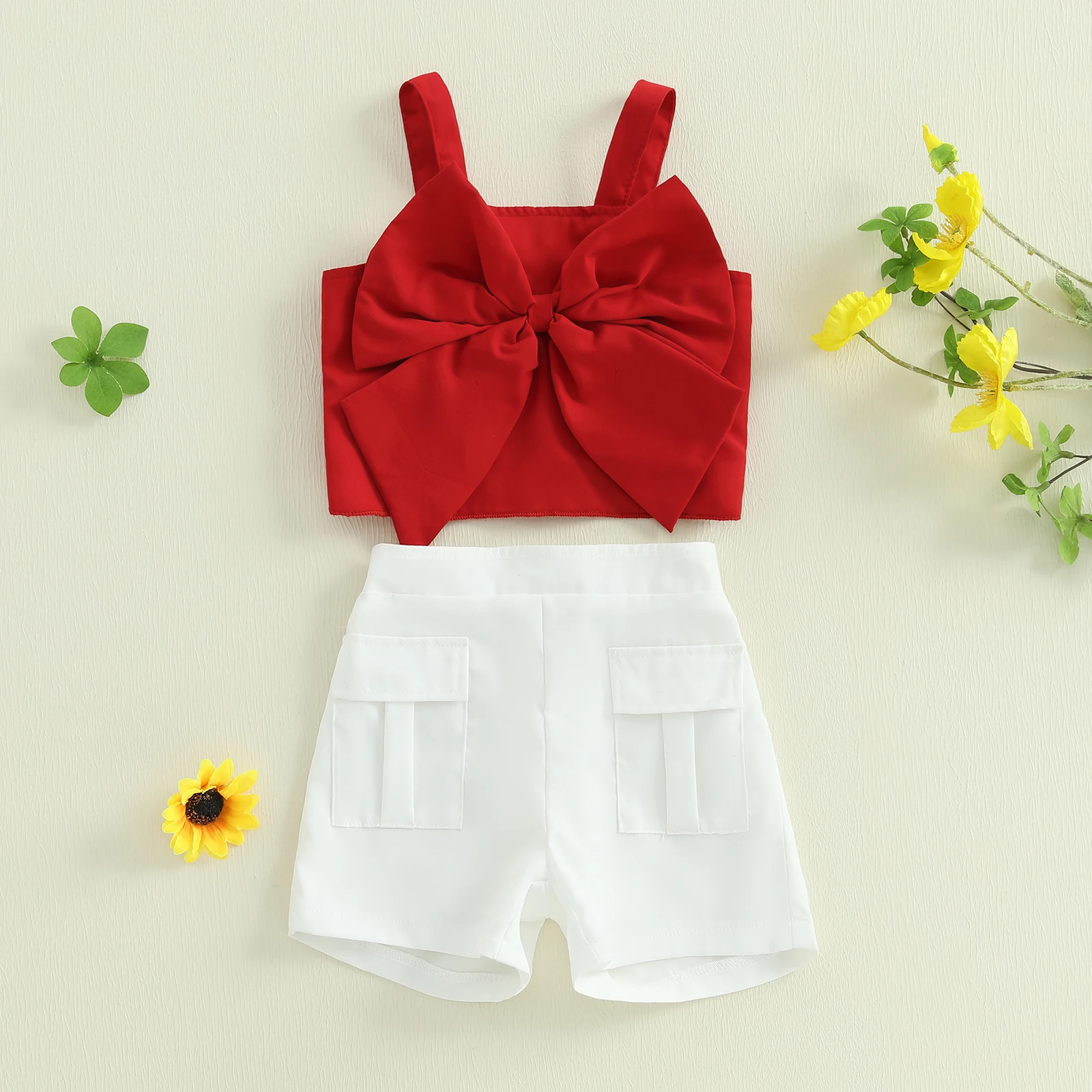 3-6Y Kid Girl Summer Clothes Big Bow Front Camisole Tops Solid Color Pocket Shorts 2 Pcs Set Cute Girls Clothing Set