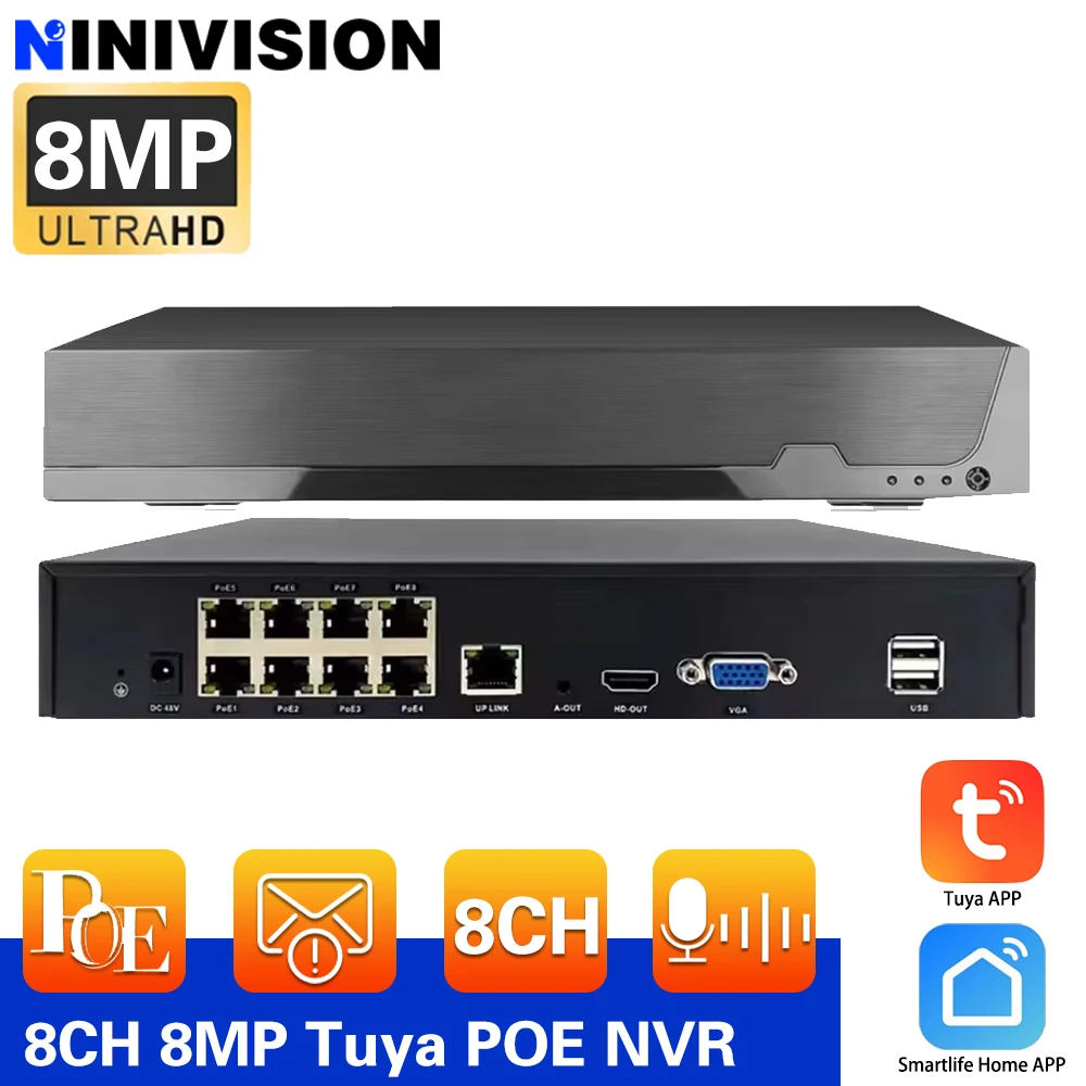 

Tuya SmartLife Обнаружение человека H.265 8 каналов * 4K PoE Сетевой видеорегистратор наблюдения PoE NVR 8 каналов для HD 8MP 5MP IP-камеры
