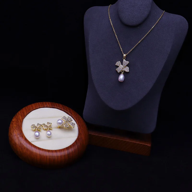 

Новый комплект с бантом, ожерелье с пресноводным жемчугом, кольцо, серьги для женщин, летние 7-8 мм, трансграничные поставки