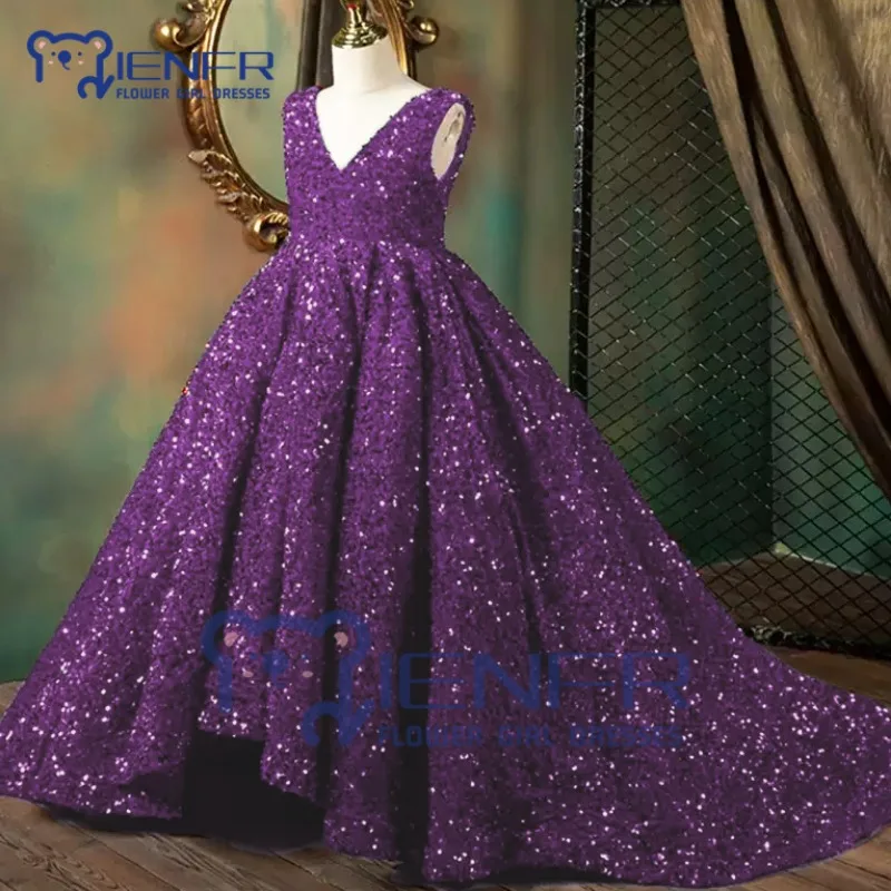 Customized Royal Blue Sequin Flower Girl Pageant Mermaid Dress Long Puffy Little Birthday Party First Communion Holiday Dress