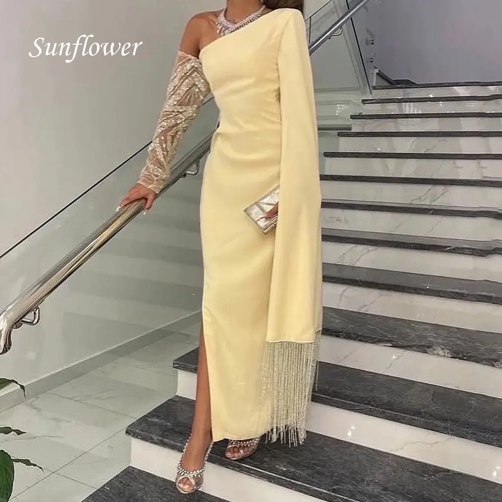 

Sunflower Tassel Evening Dress Knee-Length Satin Sequins One-Shoulder Lace Long Sleeves Slit Women's Yellow Dress For Prom