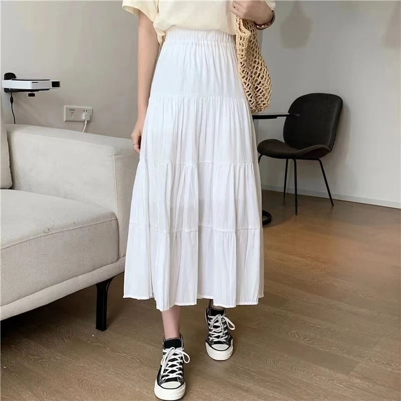 

Spring Summer Women Skirts Vintage High Waist Elastic Patchwork White Black Chic Long Cake A-line Skirt skirts clothes