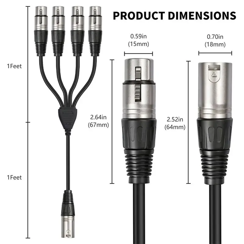 ABGI 3 Pin XLR 1 Male to 4 Female Y Splitter Audio Cable Microphone Input Splitter 0.6m Parallel Connection