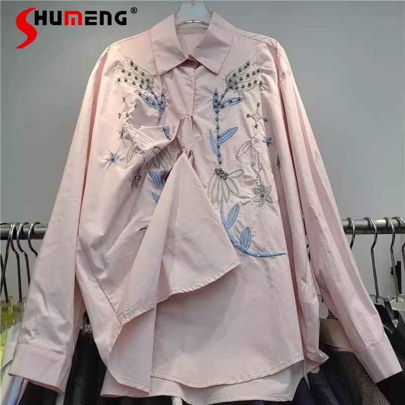 

Women 2026 Spring New Three-Dimensional Beaded Embroidery Loose Comfort Shirts Ladies Unique Chic Fashion Versatile Shirt Tops