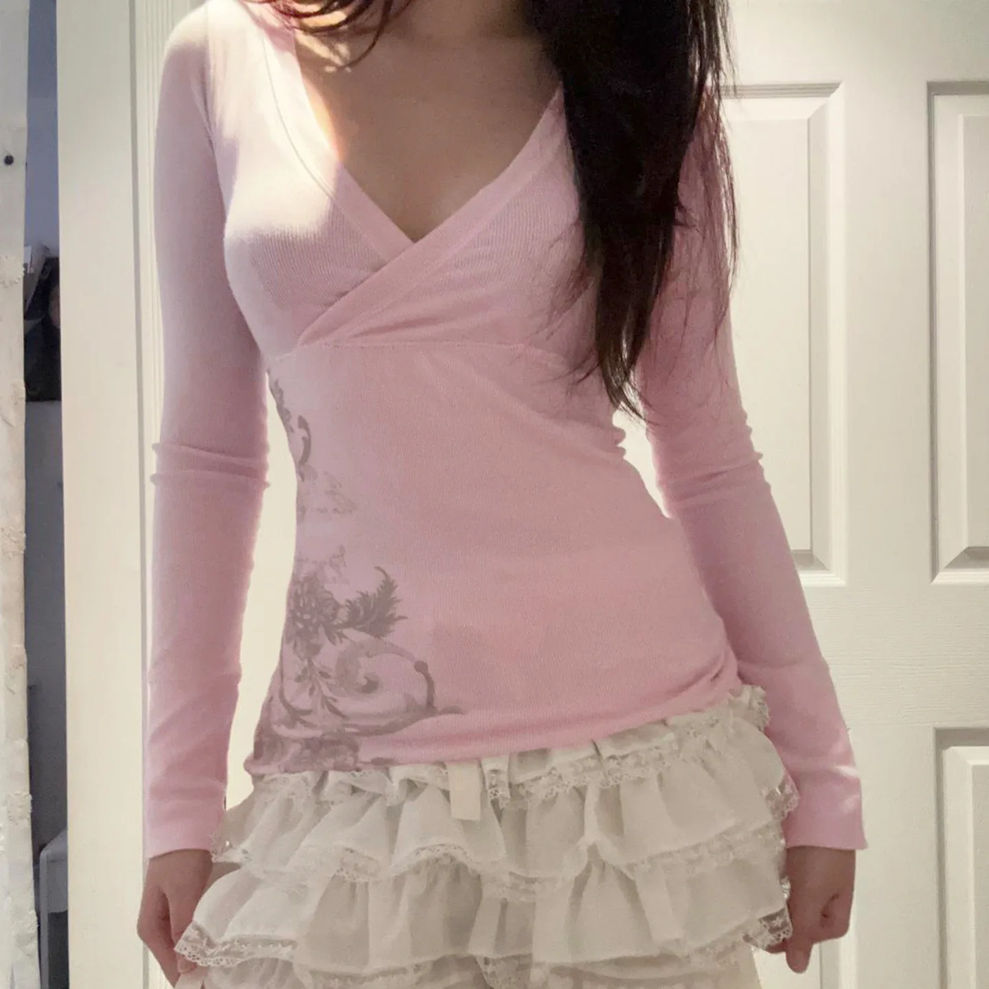 Roze Bloemenprint Vrouwen Fee Y2k T-shirt Coquette V-hals Lange Mouw Tees Herfst Lente Casual Truien Tops Vintage Kleding