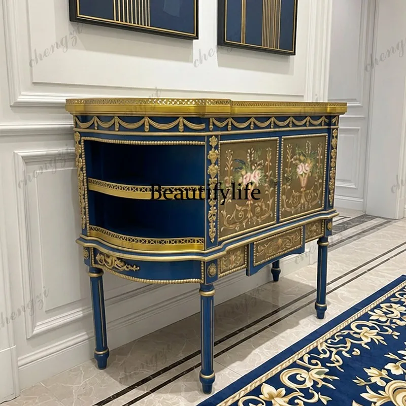 French retro solid wood blue painted porch cabinet hand painted flower copper edge decorative locker