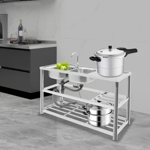 Freestanding Stainless-Steel 2 Bowls Commercial Restaurant Kitchen Sink Set 120x45x80cm with Faucet & Drainboard