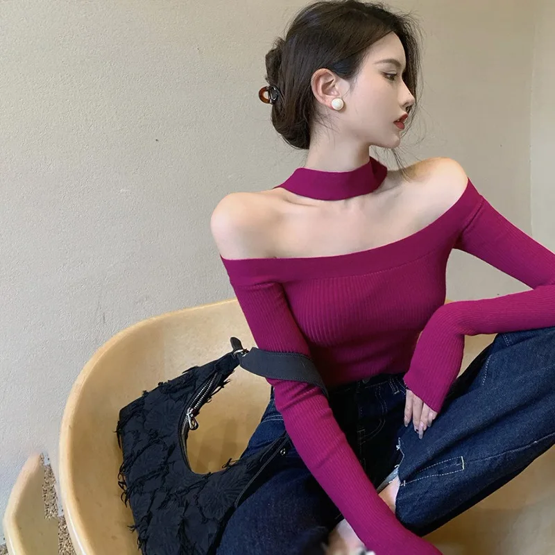 Women Thin Knit Sweater Sexy Long Sleeve Cold Shoulder Halter Ribbed Pullover Knitwear Crop Blouse One Size