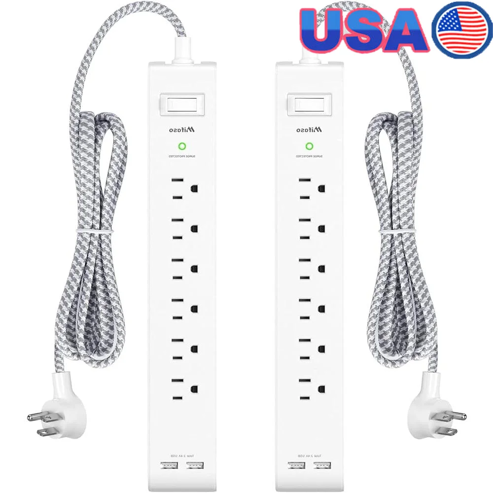 

2 упаковки удлинителя 15 футов, сетевой фильтр, 6 розеток переменного тока, 2 USB-порта для зарядки, плоская вилка, защита от перегрузки, монтируемая