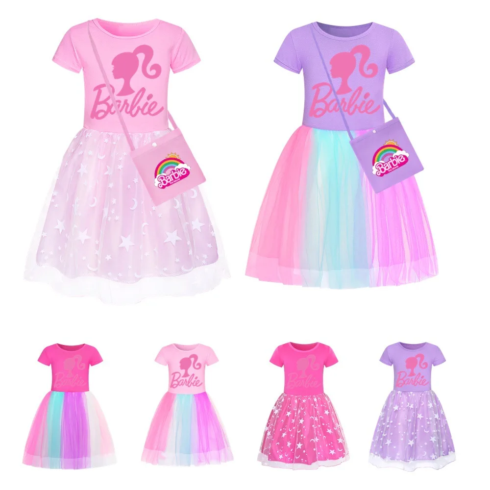 Kawaii Barbie Children Princess Dress Summer Anime Cartoon Kids Girls Lace Mesh Tutu Skirt Baby Birthday Party Dresses Gifts Toy