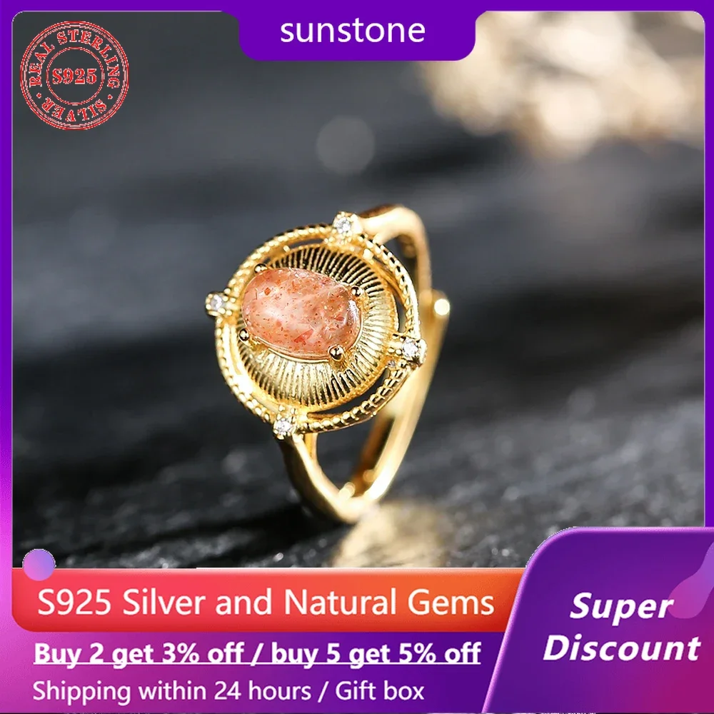 

Palace Style S925 Silver Plated 18k Gold Ladies' Ring with Natural Crystal Sunstone Wedding Jewelry Accessories Adjustable Size