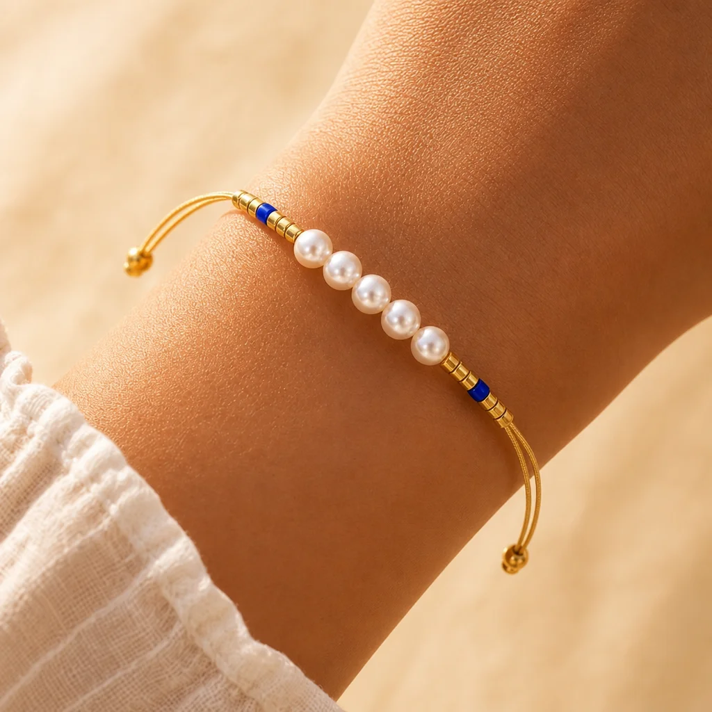 1pc White Round Plastic Bead Bracelet with Copper Accents Tie Closure Adjustable Boho Beaded Bracelet for Women Vacation Jewelry