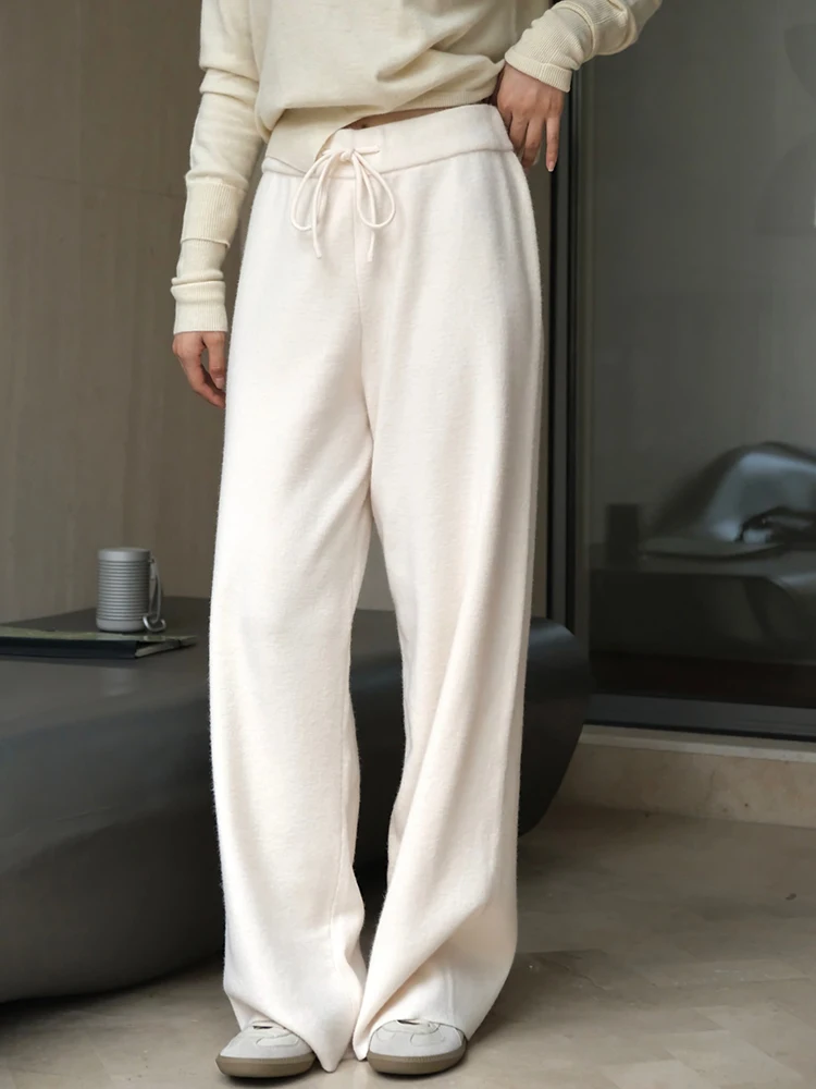 [EAM] High Elastic Waist Gray Drawstring Knitting Wide Leg Pants New Trousers Women Fashion Tide Spring Autumn 2024 1DH7325