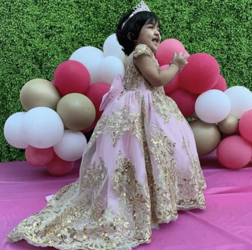 Pink Satin Flower Girl Dress Cap Sleeve Princess Wedding Party Dress First Gown Child Birthday Dress Prom Gown