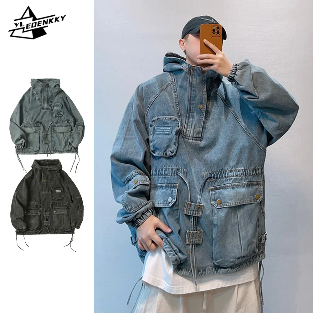 Hip-hop Loose Denim Jacket Men Women Vintage Multi-pocket Hooded Pullover High Street Wash Cargo Cowboy Coat Autumn Couples Tops