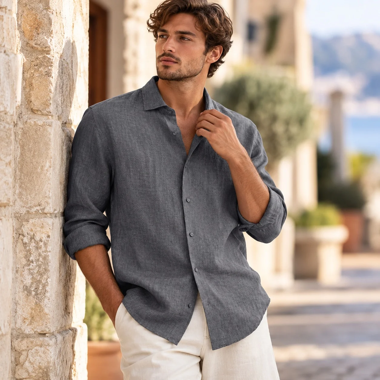 Loose Fit Notched Lapel Shirt with Three Quarter Sleeve British Style Autumn Men Shirts Daily Pullover Blouse Front Closure