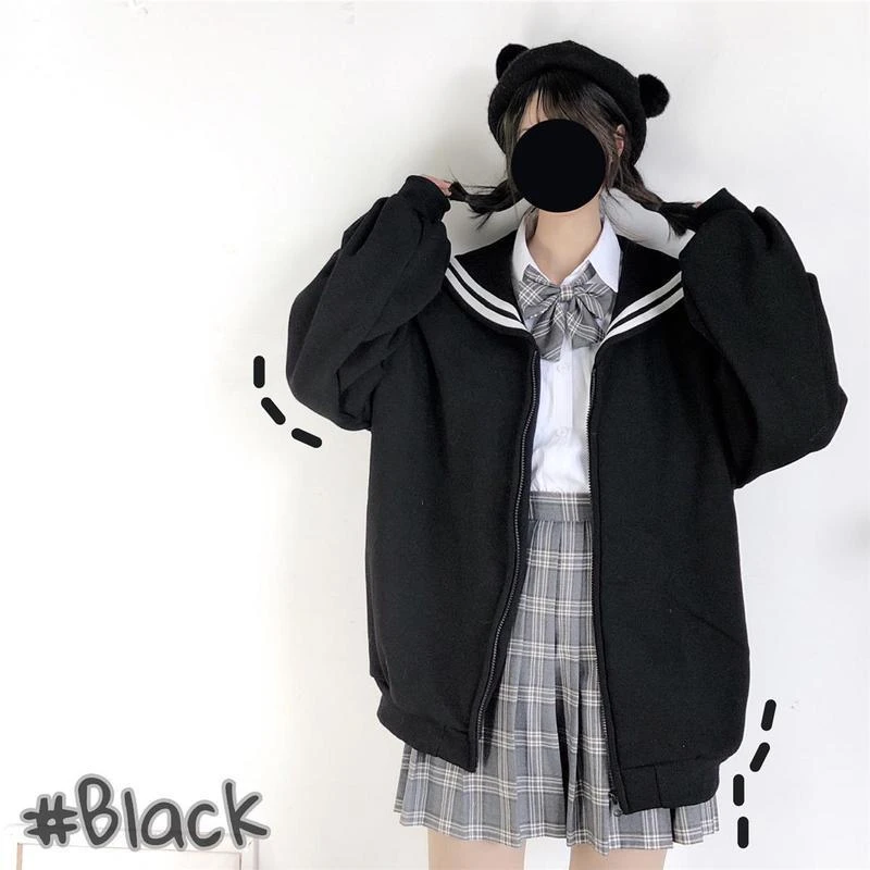 2023 New Navy Collar Sweater Female Student Japanese Sailor JK Uniform Cute Bubble Sleeve Zipper Black Coat Top Academy Style