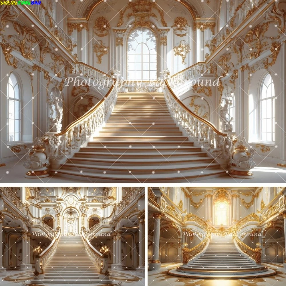 Luxus Palast Hintergrund Goldene Wendeltreppe Prinzessin Prinz Geburtstag Party Hochzeit Fotografie Hintergrund Dekor Foto Studio