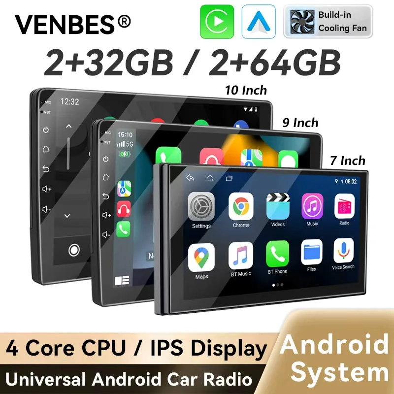 Radio para Auto VENBES con Sistema Android, Android Auto y Carplay, 7/9/10 Pulgadas, 2 DIN Universal, Ventilador Integrado, Sistemas Inteligentes para Auto