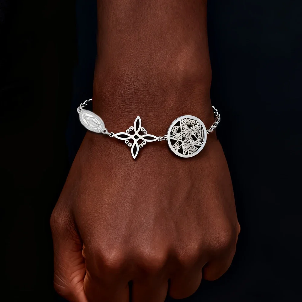 Edelstahl-Armband mit dreifacher Schutzfunktion, silberfarben, Jungfrau Maria, Hexenknoten, Pentagramm, Tetragrammaton, Handgelenkschmuck – Detail 7