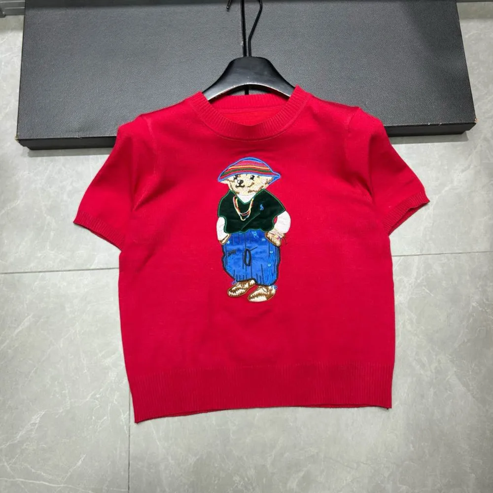 2025 Summer New Women\'s Knitted Pullover Embroidery Cartoon Bear Short Sleeve Sweater Korean Fashion Casual Thin Ladies Knitwear