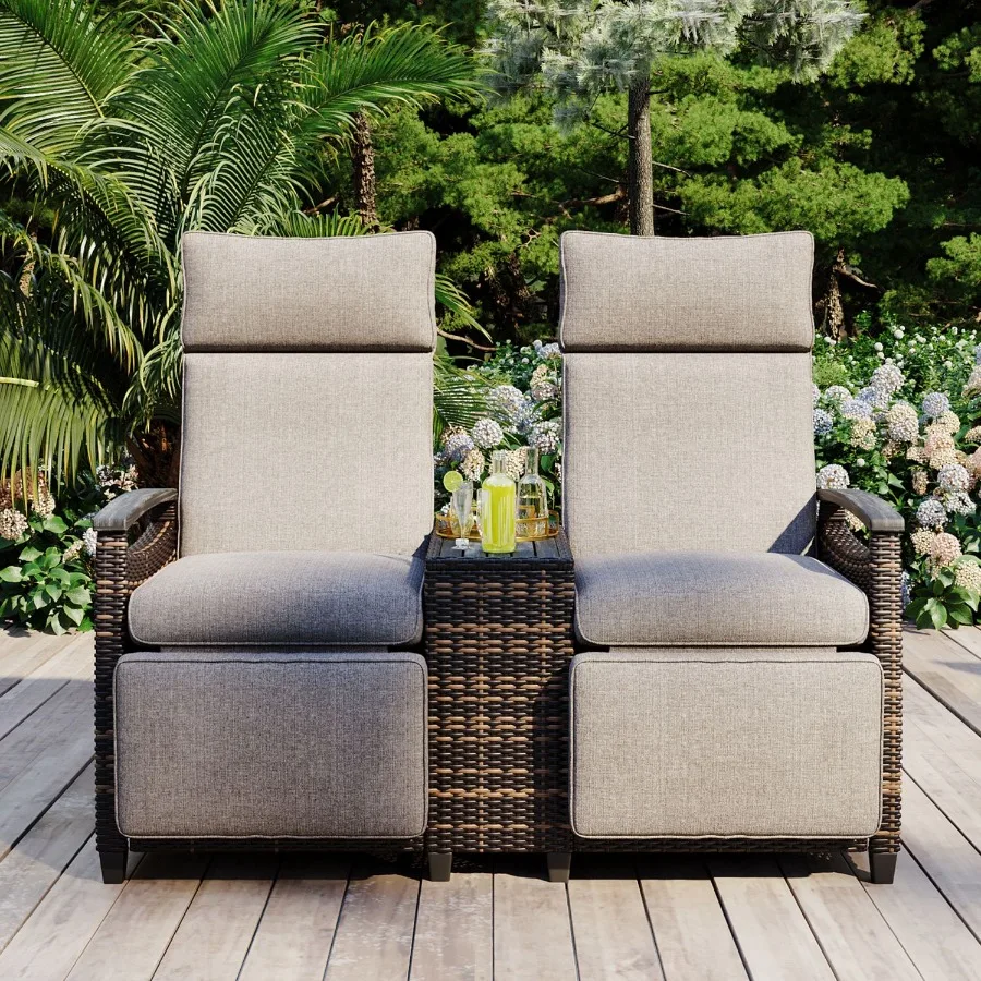 

GO Patio Recliner Loveseat Chair Adjustable Backrest Wicker Outdoor Lounge Chair Set with Acacia Wood Armrests and Builtin Stor