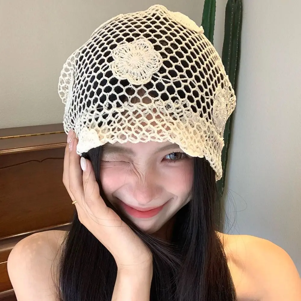 

Casual Handmade Crochet Flower Hat Cute Hollow Out Lace Beanies Hat Korean Thin Weave Cap Spring and Summer