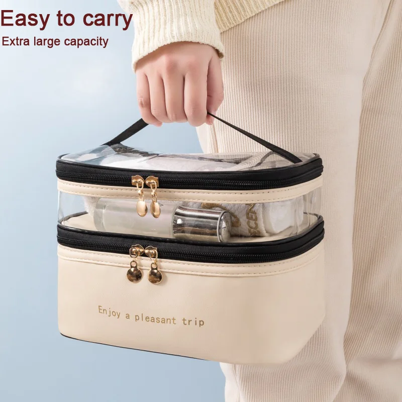 Fashion double layer cosmetic bag PU transparent toiletries portable waterproof travel large capacity storage bag