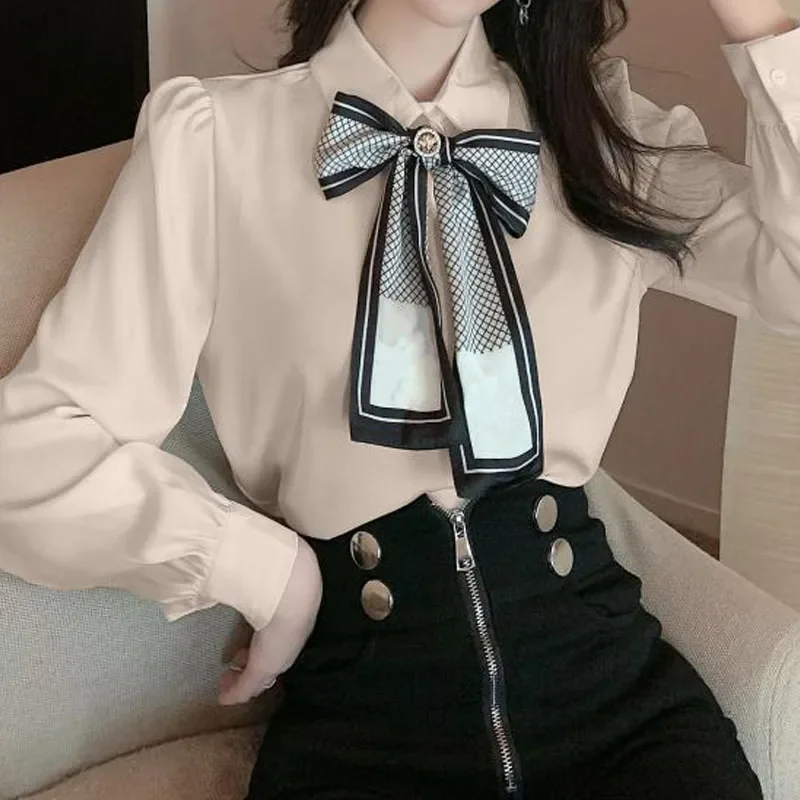 Koreanische All-Match-Schleife gespleißt Langarmhemd Mode Damen bekleidung elegante Pendel kragen feste Bluse für Frauen