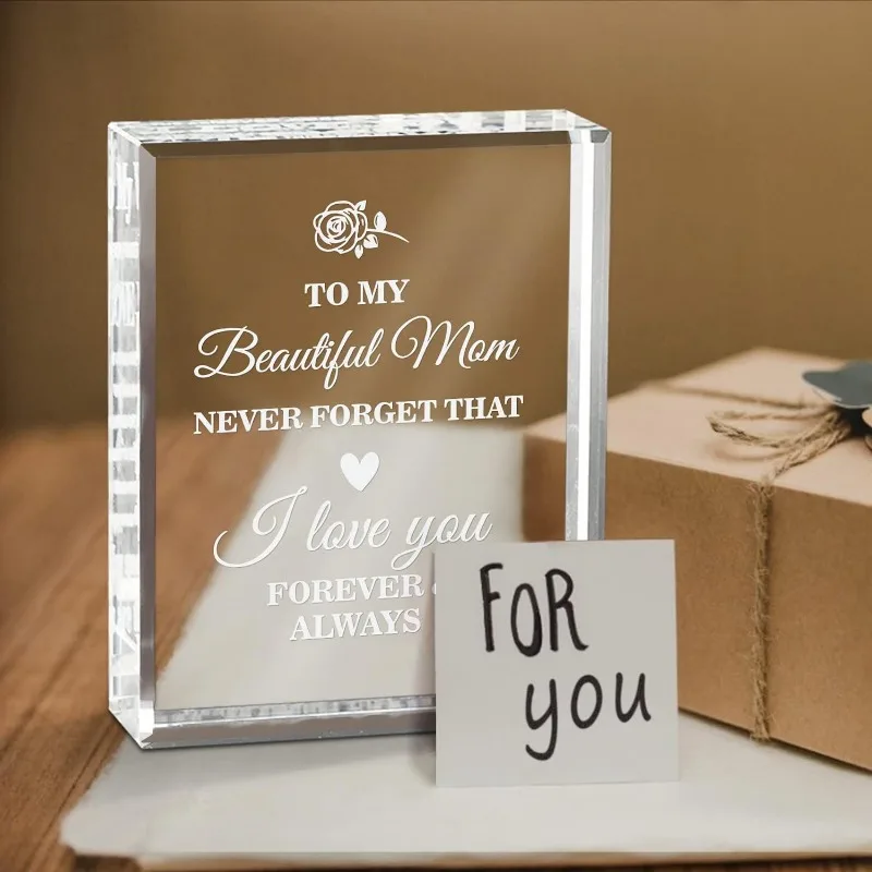 Mom Crystal Keepsake – Personalized engraved. Valentine's Day, Christmas, birthday gifts from daughter/son. "To My Mom" decor.
