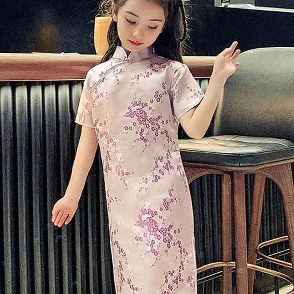 Plum Blossom Pattern Children Cheongsam Short-Sleeved Princess Dress Kids Girls Flower Skirt Polyester Qipao