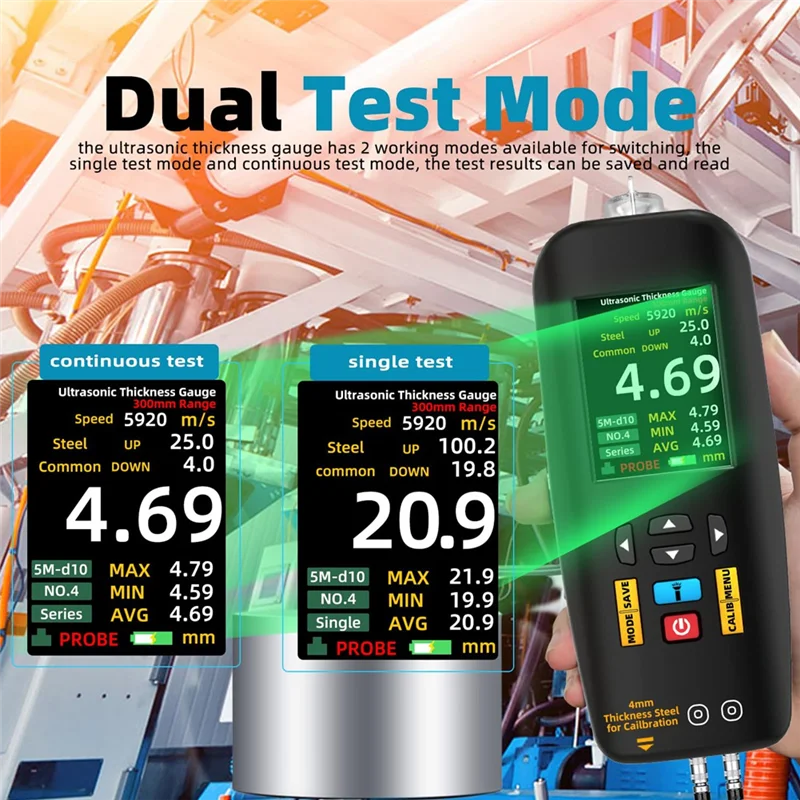 مقياس سمك بالموجات فوق الصوتية، نطاق 1-300 مم مع شاشة ملونة، مع مسبار لقياس المعادن الصلب والبلاستيك الفضي PVC-A74P