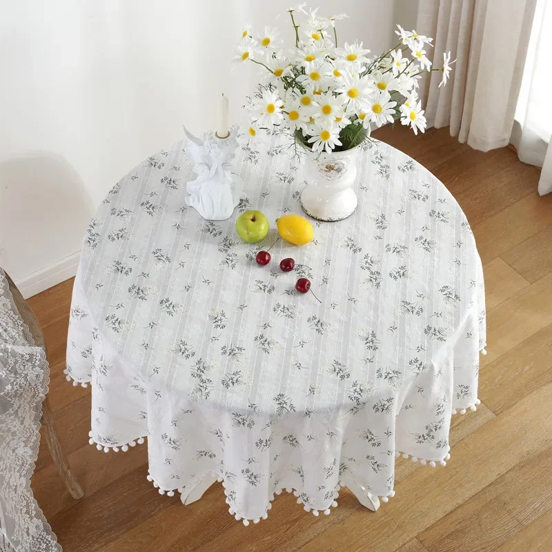 

Round Tablecloth Cotton Table Cloth with Tassel Dust-Proof Floret Circular Table Cover for Kitchen Dinning Room Tabletop Decor