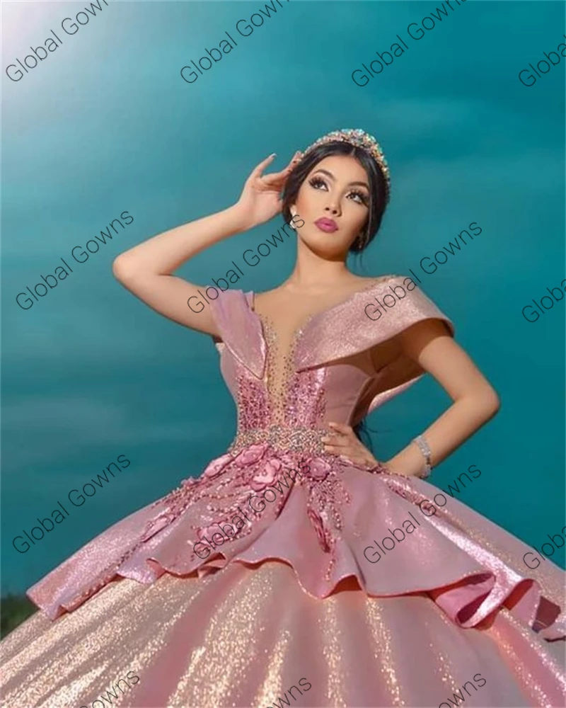 Rosa princesa espartilho querida vestido de baile quinceanera vestido frisado 3d flores aniversário vestidos de festa robe de bal