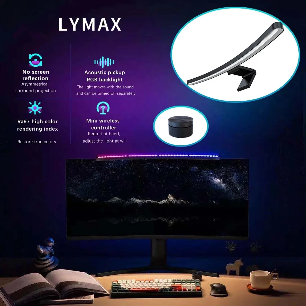 LYMAX Desk Lamp Curved Screen Display Hanging Light RGB Color PC RA97 Computer Monitor Light Bar Type-C Interface