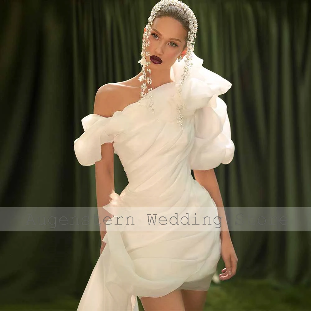 Exquisite Short Wedding Dresses Organza Sheath/Column Engagement Dress Ivory One-shoulder Draped Pleat Ruched Wedding Party Gown