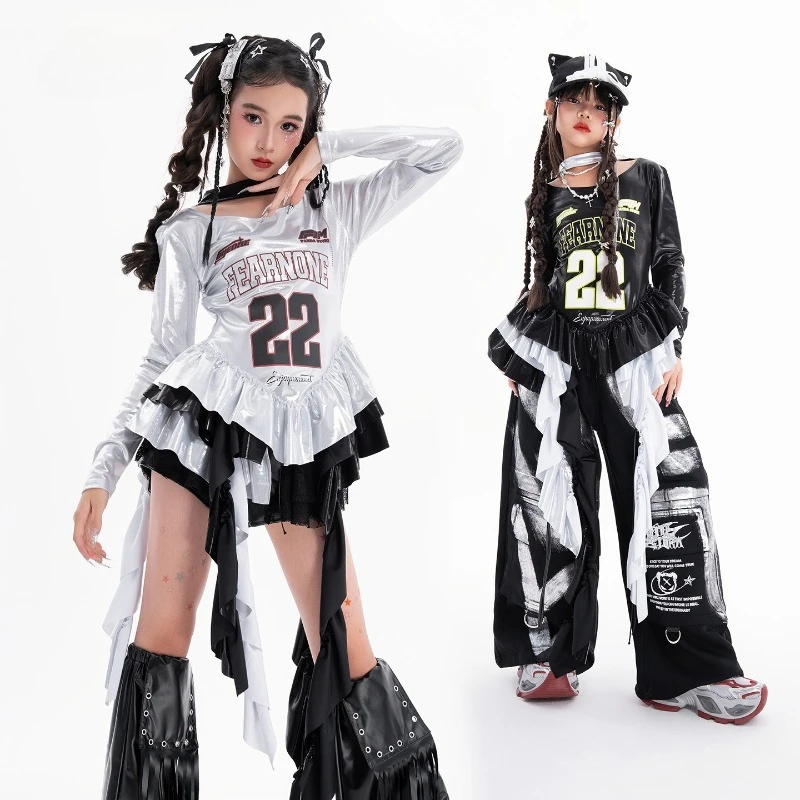 

Танцевальная одежда в стиле хип-хоп для девочек, серебряный топ с длинными рукавами, повседневные брюки, модный подиумный костюм, групповая уличная одежда, одежда для выступлений на сцене