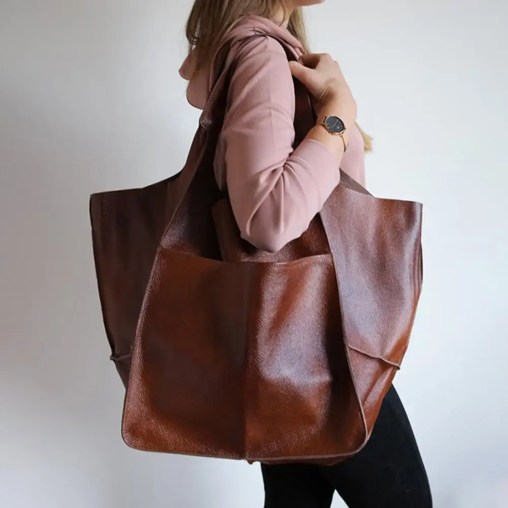 Large Capacity Tote Foldable Bag Faux Leather Work Outgoing High Appearance Commuting Versatile Art Student Clothing Vintage