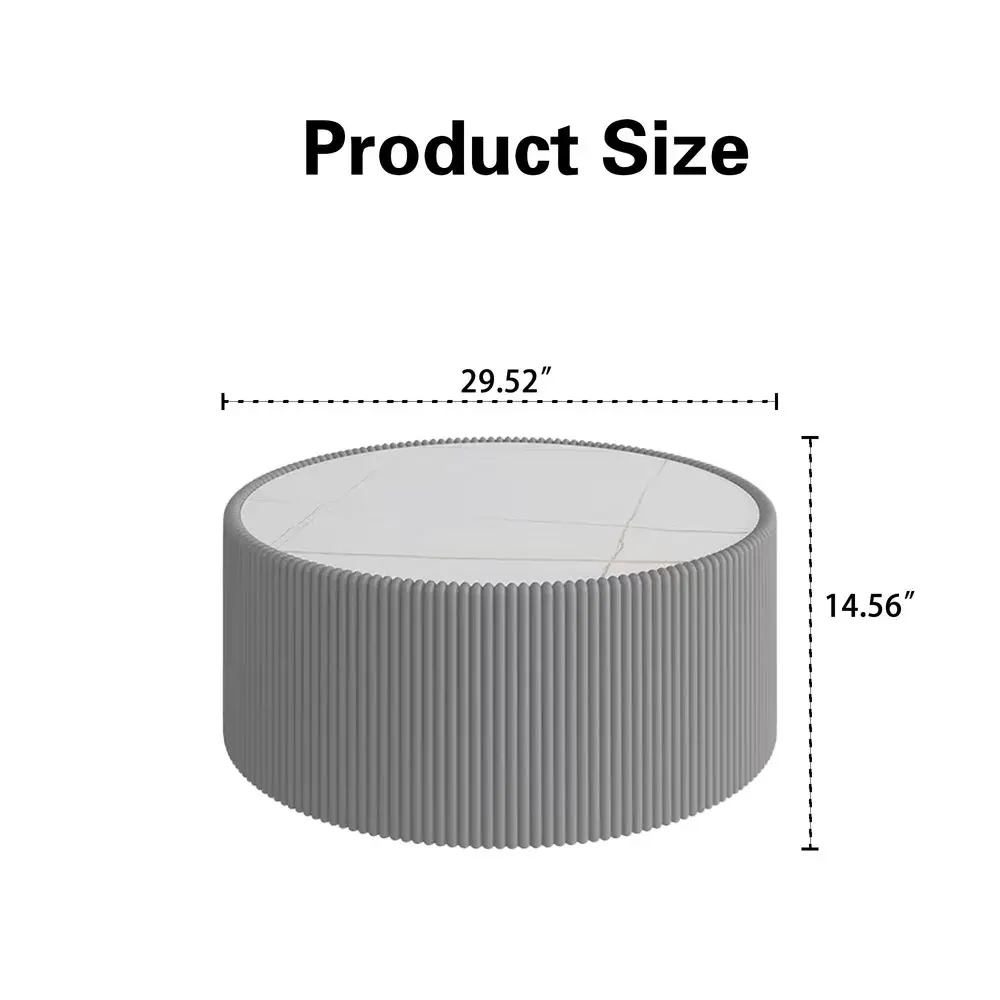 

Round Coffee Table, 29.52 Drum Coffee Table with Sintered Stone Tabletop and Fluted PU Leather Covered and Stable Base, Circle