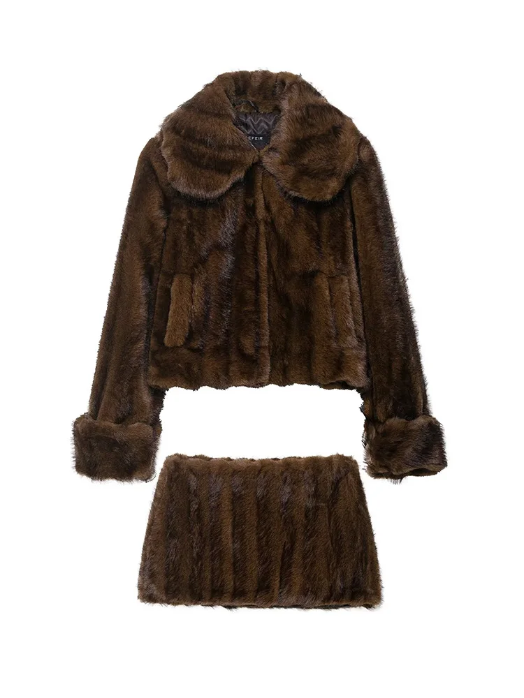 

HH женская мода с карманами и отложным воротником, пальто с длинными рукавами + летняя повседневная однотонная мини-юбка на боковой молнии из искусственного меха, комплект Mujer