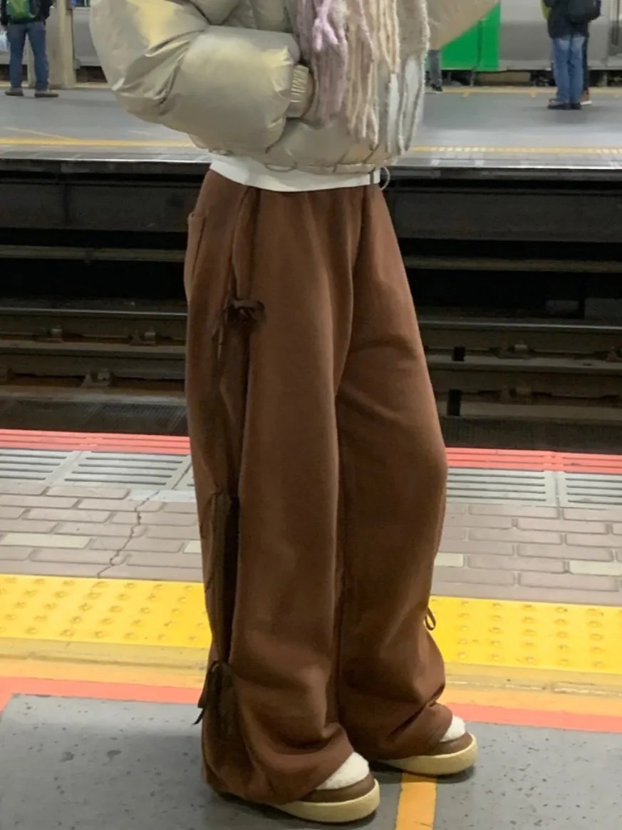 Fce Lined Autumn Winter  Knot Waist Sports Pants Wide Leg Casual Trousers Long Pants Women's Faion Streetwear