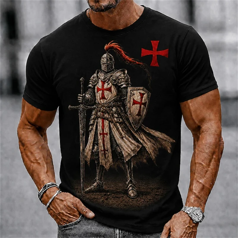 Knights Templar Men's Graphic T-Shirt Retro 3D-Printed Cross Knight T-Shirt Cool Men's Short-Sleeve T-Shirt for Summer