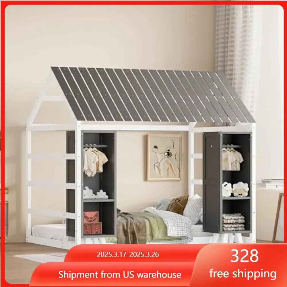 Charming Wooden Twin Size House Bed for Kids, Features Cozy Fence and Roof, Includes Two Movable Wardrobes,Children Beds