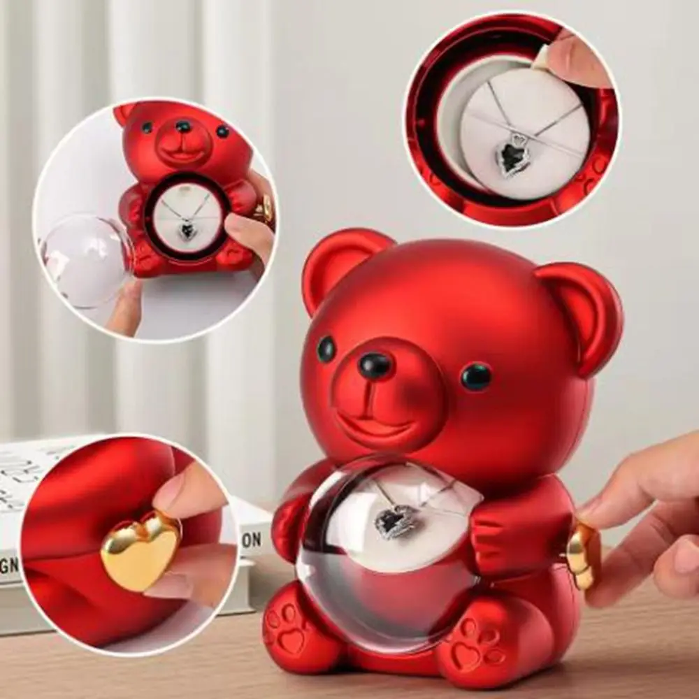 Plastic Rotating Hugging Bear Jewelry Box Cute Jewelry Display Rose Bear Gifts Box with Soap Rose Romantic