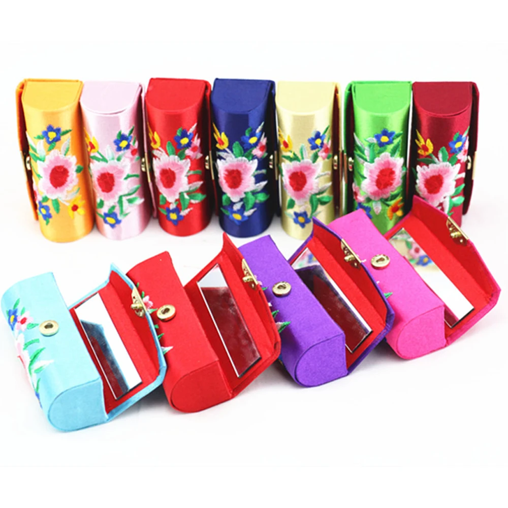 Christmas Gift Chinese Traditional Silk Mirror Lipstick Case Holder Organizer Bag for Purse- lipstick Holder- Durable Soft Cover