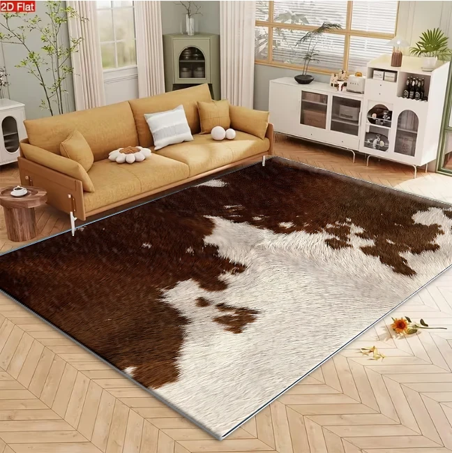 Brown and White Cowhide Texture Carpet Flooring for Living Room Bedroom Farmhouse Style Soft Non Slip Floor Mat