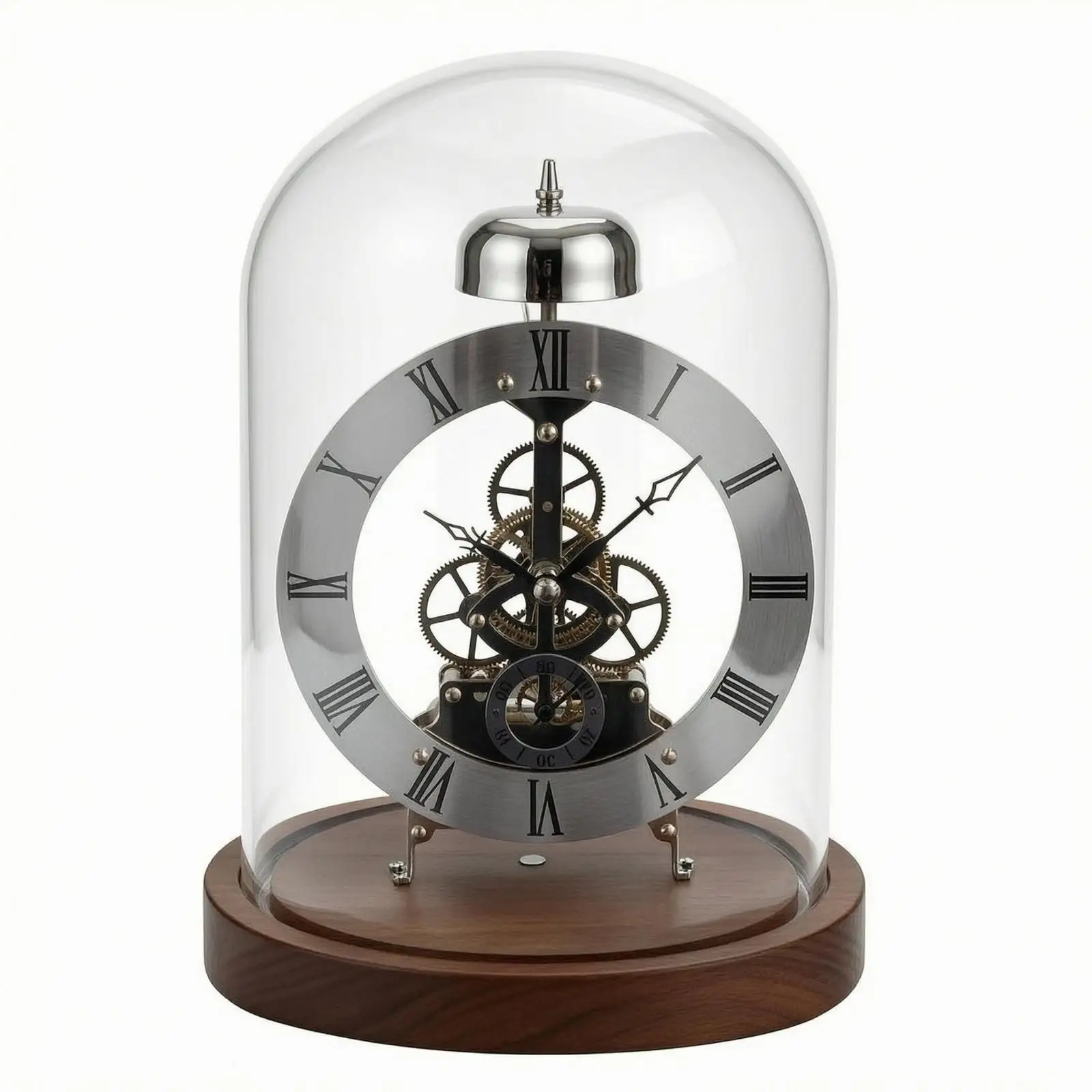 Glass Dome Glass-Enclosed Timepiece Transparent Mechanism Walnut Base